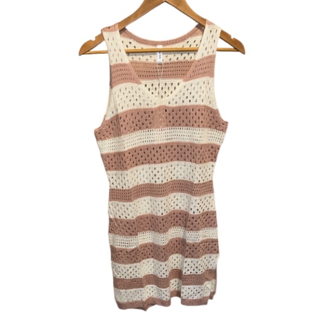 Swim coverup Striped Pink and White Crochet Dress NEW medium soft side slit